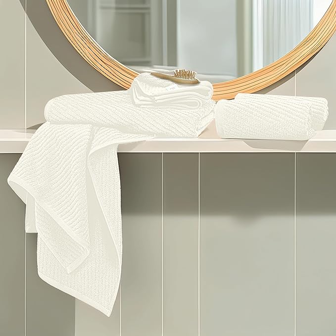 Tens Towels Pack of 6 Zero Twist Towels Set, 2 Bath, 2 Hand, 2 Waschloths, 100% Cotton, Light Weight, Extra Absorbent, Exceptional Softness, Perfect for Bathroom (Ivory)
