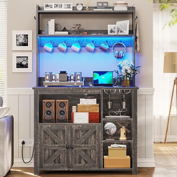 Itaar Coffee Bar Cabinet, Bakers Rack with Power Outlet and Storage, Farmhouse Microwave Stand Kitchen Cabinet with Hutch, LED Lights, Wine Glass Holder and 8 Hooks (Grey)