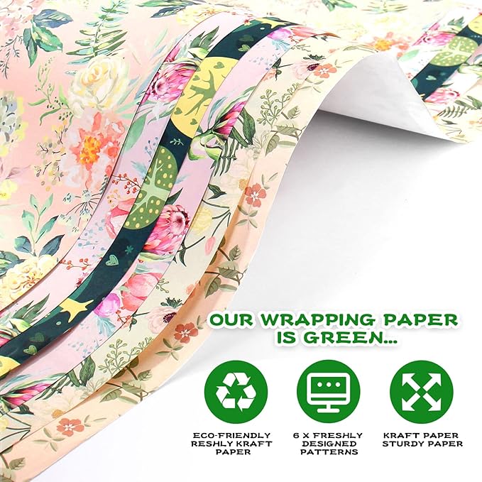 Wrapping Paper with Pastel Purple Pink Green Floral Making,Gift Wrapping Paper Set for Women Girl Baby,Birthday Wrap Birthday Paper with Tags Ribbon,Baby Shower wrap