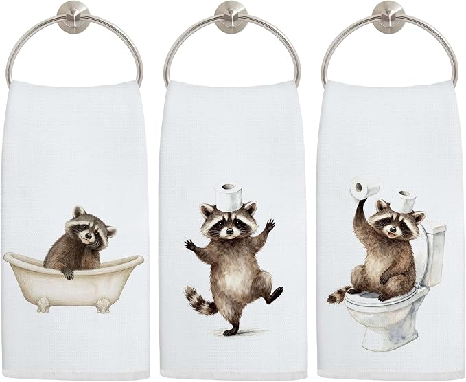 Funny Raccoon Bathroom Hand Towels, Raccoon Lover Gifts, Humor Bathing Trash Panda Decorative Hand Towels for Bathroom Washroom Restroom, 16x24 Inch Set of 3