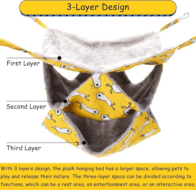 3 Tier Ferret Rat Hammock, Guinea Pig Cage Accessories, Yellow | Rat Hammock for Cage, Pet Cage Hanging Hammock, Small Animals, Guinea Pig, Ferret, Kitten, Squirrel, Chinchilla, Rat, Parrot