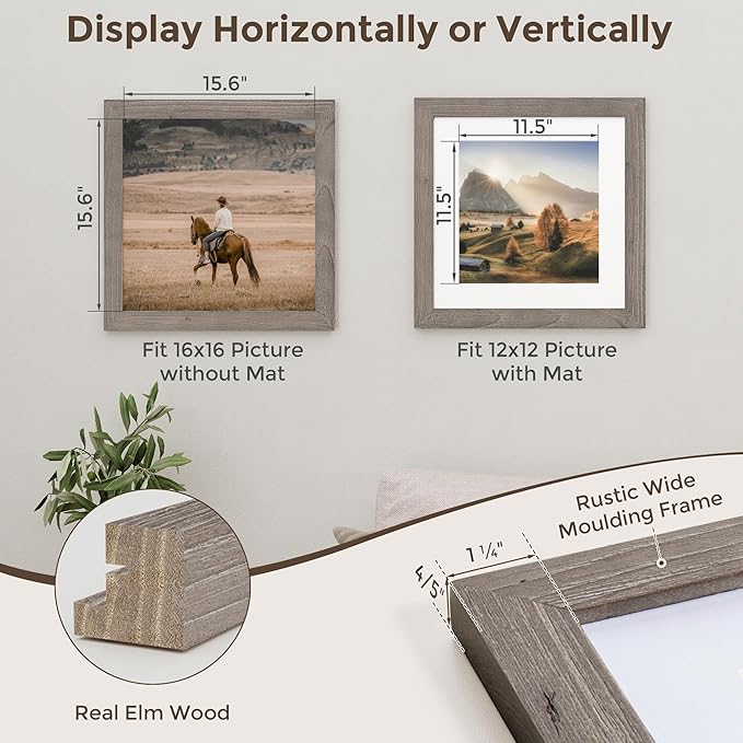 Fun Memories 16x16 Picture Frame, Square Wood Frames With Tempered Glass for Wall - Display Pictures 12x12 With Mat or 16x16 Without Mat, Grey, 1 Pack