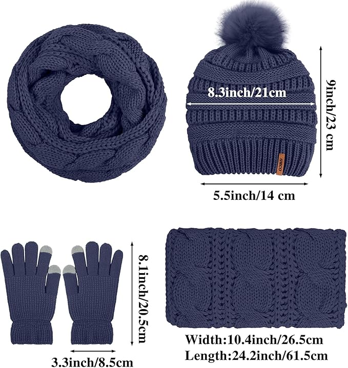 Aneco Womens Winter Warm Sets Knitted Fur Pompoms Beanie Hat Circle Loop Scarf Touch Screen Gloves Winter Favor Accessories