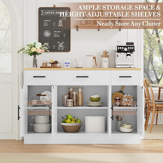 Shintenchi Buffet Cabinet with Storage,53.4" Large Kitchen Storage Cabinet with 3 Drawers and 4 Doors,Wood Farmhouse Buffet Sideboard with Adjustable Shelf for Kitchen Living Room, White