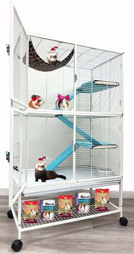 X-Large 31"x18.5"x53.5"H 4-Tiers Deluxe Two Full Story Double Unit Double Large Front Doors Tight 1/2-inch Wire Spacing for Feisty Ferret Hammock Chinchilla Cat Sugar Glider Critter Home On Wheels