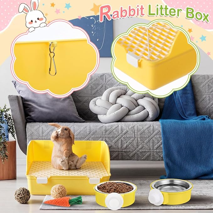 Reallnaive 15 Pcs Rabbit Starter Kit Small Rabbit Litter Box Girls Gift Animal Grooming Kit Bunny Toys Bowl Blankets with Cleaning Set for Guinea Pig Accessories(Yellow)