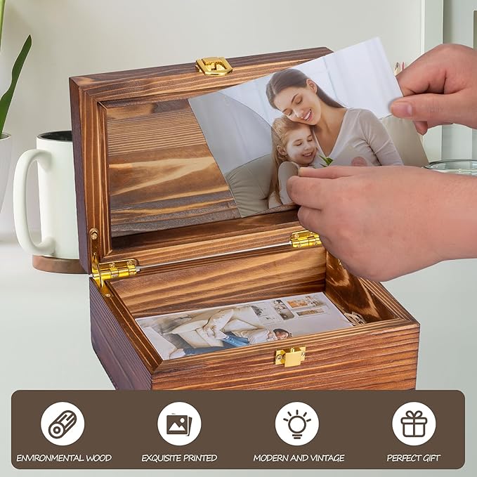 Small Wooden Memory Keepsake Boxes With Hinged Lids and a photo frame inside the lid - Decorative Storage Box With a Hinge Lids For Picture Letter Time Capsule - Wooden Gift Boxes，3.1“*5.1”*7.1“ Carbo
