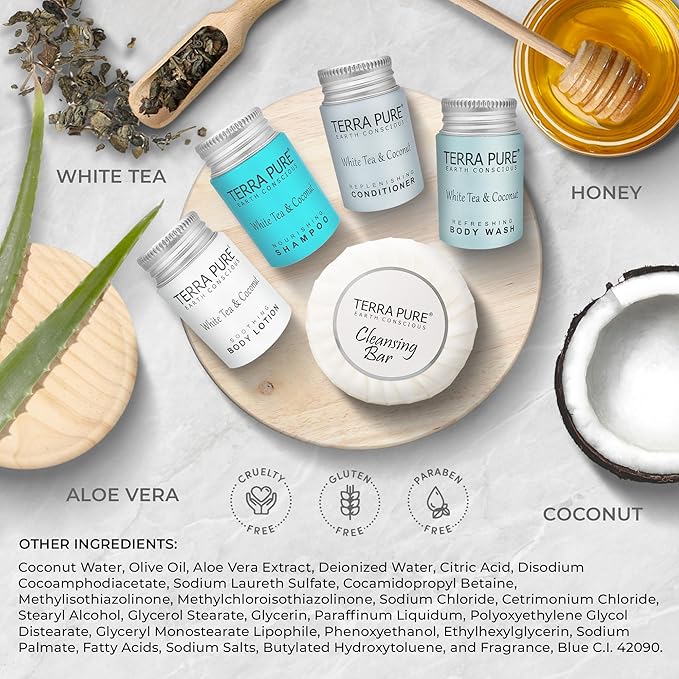 Terra Pure White Tea & Coconut Amenity Kit | Hotel Bulk Toiletries | 1 oz Shampoo, Conditioner, Lotion, Body Wash, Cleansing Bar for Guest Hospitality Vacation Rentals| 15 Sets/Case
