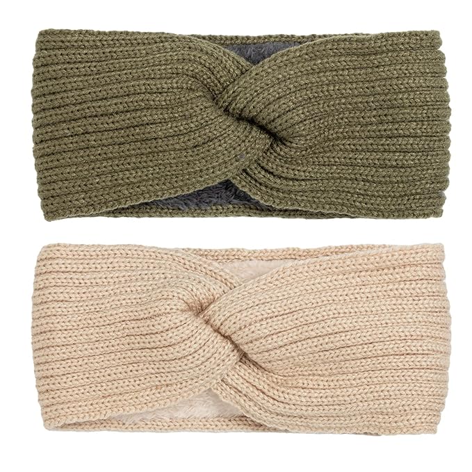 AQOKKA Knit Winter Headbands for Women Fuzzy Wool Fleece Lined Ear Warmers Elastic Turban Crocheted Head Wrap Winter Accessories for Women Cold Weather