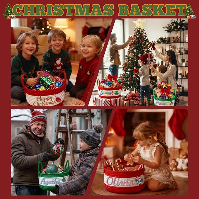 Personalized Christmas Gift Baskets for Kids,Custom Baby Shower & Holiday Nursery Storage Organizer,Name Design Toy Storage Bin,Handmade Cotton Rope Keepsake Caddy