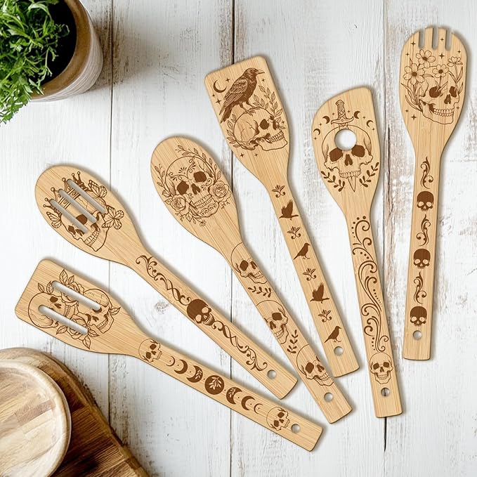 CUTHOLLOW 6PCS Skull Crow Wooden Kitchen Cooking Utensil Set, 11.9in Non Toxic Bamboo Wood Spoon Set for Cooking, Best Housewarming Halloween Decor Gift for Women Mother
