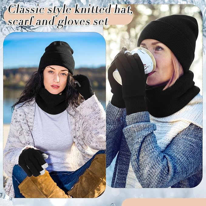 SATINIOR 5 Pcs Winter Satin Lined Hat Scarf Gloves Set Knit Pompom Beanie Warm Touchscreen Glove Earmuff Ear Warmer for Women