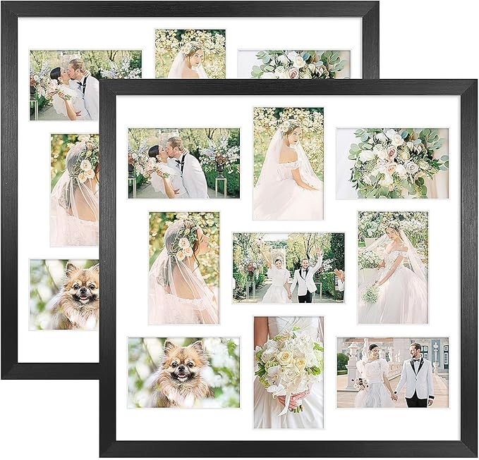 17x17 Collage frame with 9 Openings 4X6 Pictures, Multiple Picture Frame with Mat, Wall or Tabletop Decor, Black Wood Grain,2 Pack
