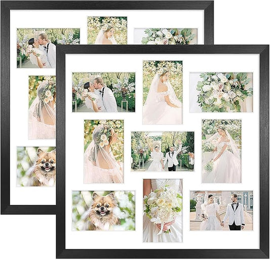 17x17 Collage frame with 9 Openings 4X6 Pictures, Multiple Picture Frame with Mat, Wall or Tabletop Decor, Black Wood Grain,2 Pack
