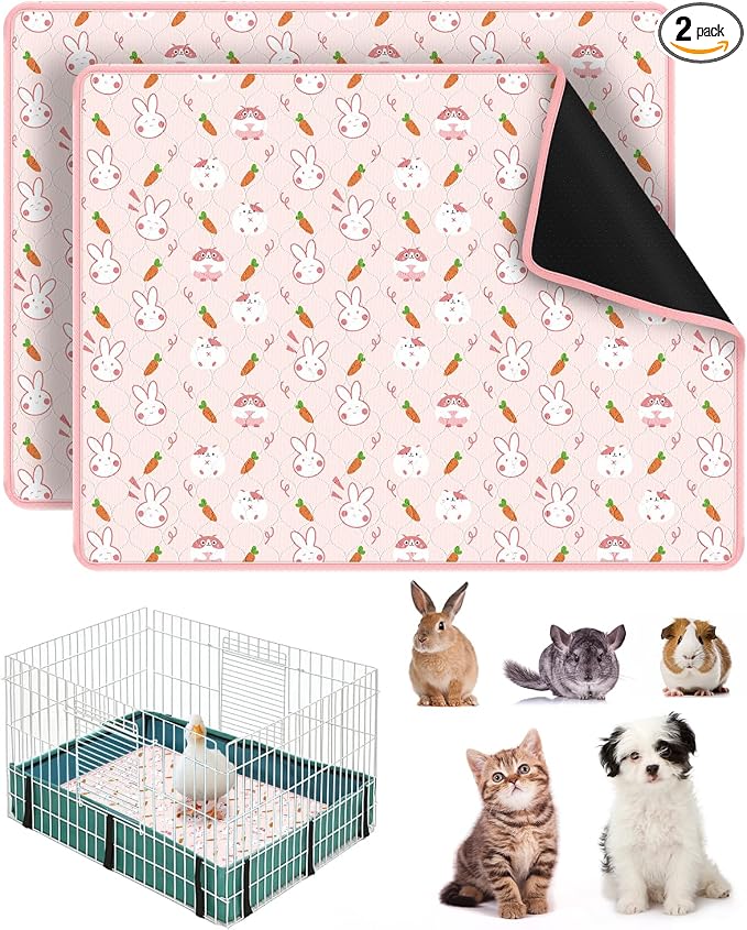 Bissap 2‑Pack Guinea Pig Cage Liners, 18''X24'' Pet Pee Pad Bedding, Pink | Non‑slip Waterproof TPU Layer, Super Absorbent, Washable Reusable Bedding for Guinea pig, Rabbit, Hamster, Chinchilla, Rat