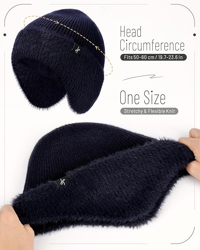 Winter Fleece-Lined Beanie with Earflaps, Warm Windproof Unisex Beanie Hat for Skiing, Hiking & Outdoor Winter Sports