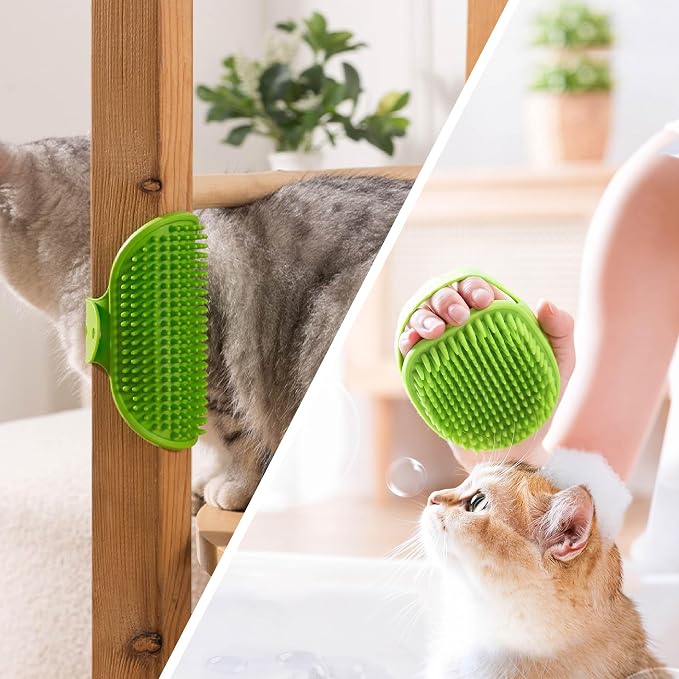 5PC pet grooming bath brush set - silicone massage brush with shampoo dispenser - suitable for dogs and cats for bathing, removing loose hair, and oral cleaning (green)