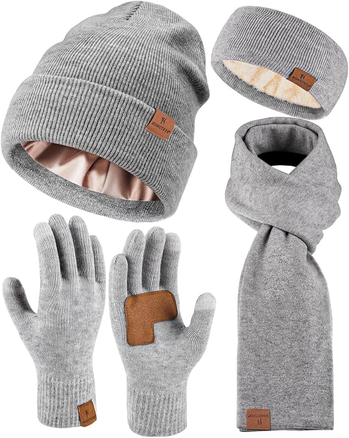 Womens Winter Warm Beanie Hats Gloves Scarf Headband Set Fleece Lined Ear Warmer Knit Scarf Touchscreen Gloves Winter Gifts