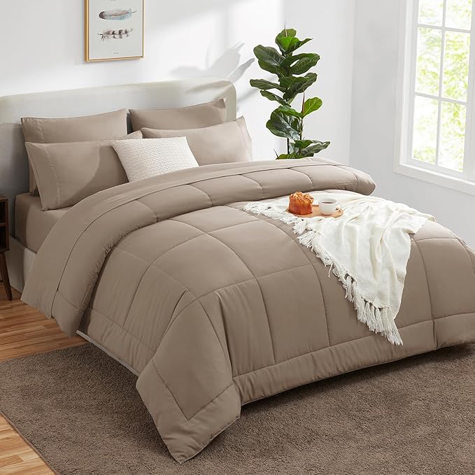 CozyLux Queen Comforter Set Khaki, 7 Pieces Bed in a Bag, Khaki Comforter Queen Size, All Season Bedding Sets with Stitch Quilted Comforter, Flat Sheet, Fitted Sheet, Pillowcases