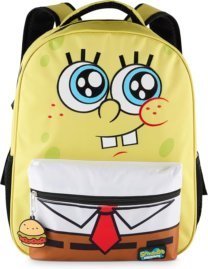 AI ACCESSORY INNOVATIONS SpongeBob Square Pants Backpack for Boys & Girls, 16” Big Face Nylon Twill Bookbag w/Molded Hamburger Patty Dangle, Yellow