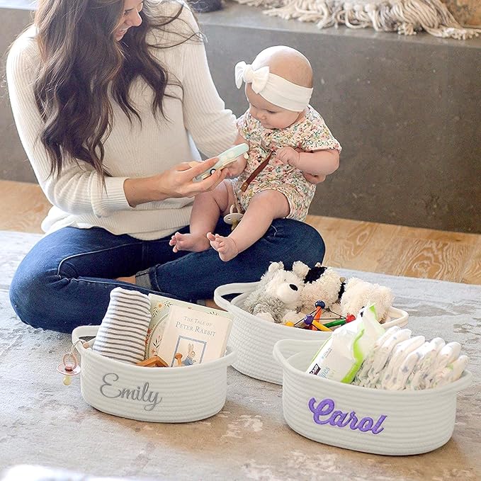HUTARIO Personalized Woven Basket Embroidered Name with Gift Bags and Ribbons,Empty Small Rope Basket，Durable Storage Custom White Basket with Handles for Baby Showers or Christmas,12"×8"×5"
