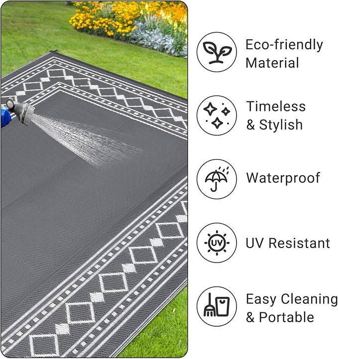 Large Outdoor Rug,9x12 Waterproof Modern Bordered Plastic Straw Carpet,Lightweight Outdoor Carpet,Easy Cleaning Folding Uv Resistant Picnic Camping Mat,Black and Blue/White