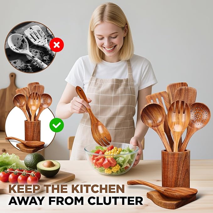 9Pcs Wooden Utensil Set with Holder and Spoon Rest - Natural Teak Wood Cooking Utensils Set, Heat Resistant and Non-stick Wooden Spoons for Cooking, Kitchen Utensils Set with Spatula