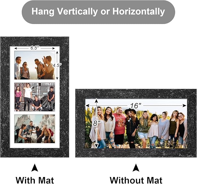 8x16 Picture Frame Display 3 opening Picture Frame 5x7 Collage,Multi Photo Frame with Mat,Plexiglass,Horizontal and Vertical Formats for Wall Decor,Black Wood Grain