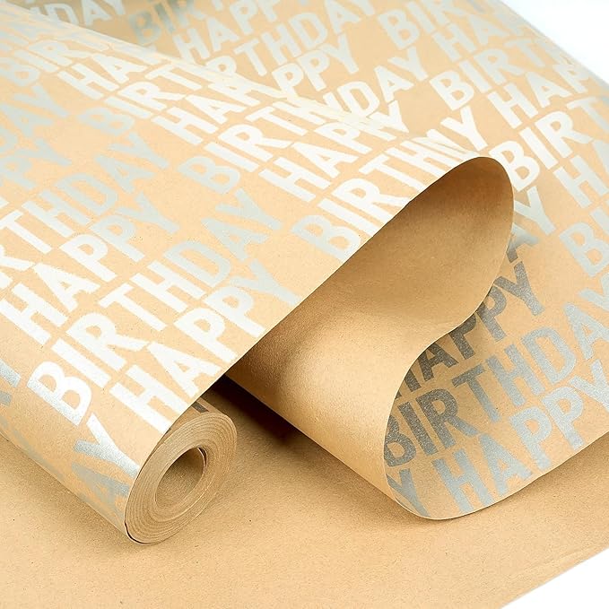MAMUNU Birthday Wrapping Paper Roll, Silver and Brown Kraft Happy Birthday Wrapping Paper Jumbo Roll for Boys Girls Women Men, 17x590 inch (70 sq. ft.)