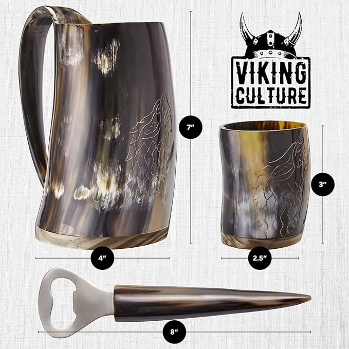 Viking Culture Ox Horn Mug, Shot Glass, and Bottle Opener (3 Pc. Set) Authentic 16-oz. Ale, Mead, and Beer Tankard | Vintage Stein with Handle | Polished Finish | Diagonal Stripes