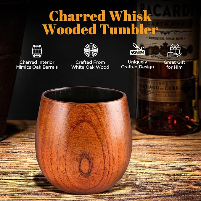 GENUINED Charred Wooden Whiskey Glasses, Bourbon Gifts for Men, Anniversary, Birthday, Christmas Gifts, Old Fashioned Smoked Bourbon Drinking Glass(1 Pack)