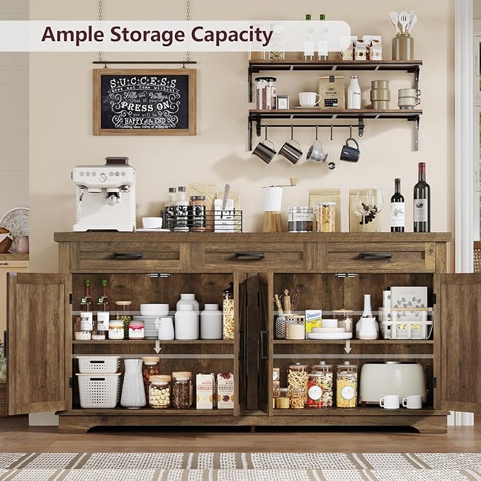 usikey 61" Large Buffet Cabinet with 4 Doors and 3 Drawers, Farmhouse Buffet Sideboard Cabinet with Storage, Coffee Bar Wine Bar for Living Room, Honey Brown