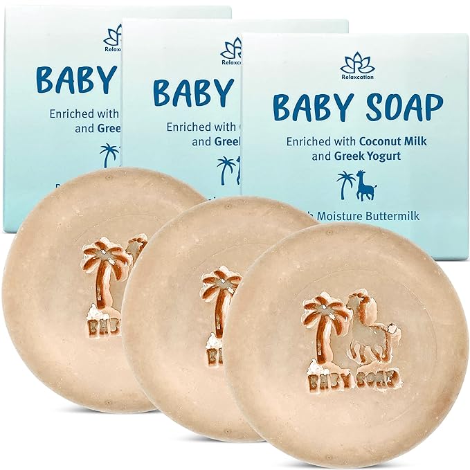 Relaxcation Baby Soap Bar with Greek Yogurt and Coconut Milk - Naturally Cold Processed from Organic Ingredients - Newborn Gift - Handmade in USA (3-pack)