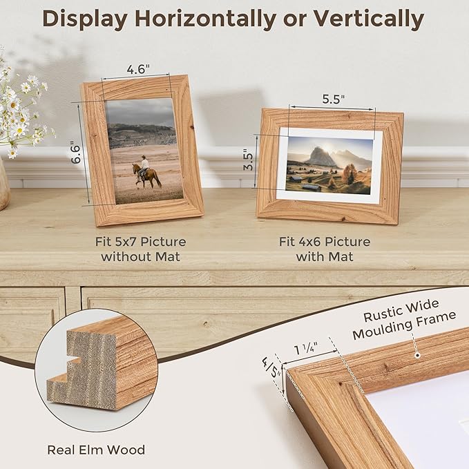 Fun Memories 5x7 Picture Frame with Mat for 4x6 Photo, Solid Elm Wood & Tempered Glass, Rustic Wall & Tabletop Display Frame, Natural, 1 Pack