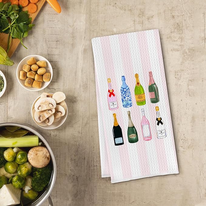 Preppy Pink Champagne Wine Kitchen Towels, Gifts for Champagne Lovers Dish Tea Towels, Pink Striped Sparkling Wine Decorative Hand Towel for Kitchen Bar Cart, 16x24 Inch