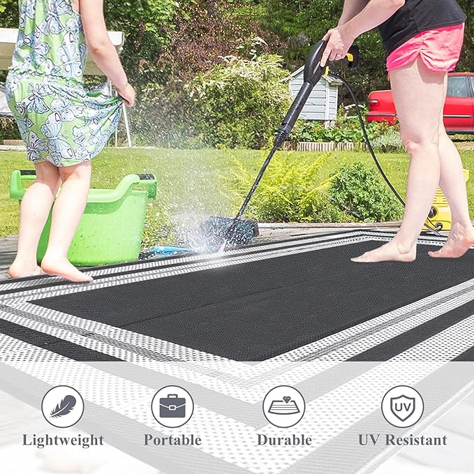 Patio Modern Border Outdoor Rug 10x14 Waterproof Large Reversible Camping Mat Foldable Lightweight Plastic Straw Outdoor Rug for Deck, Picnic, Porch, Camper, Balcony, Beach, Rv，Grey/White
