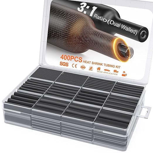 400 Pcs Heat Shrink Tubing Kit-3:1 Ratio Adhesive Lined,Marine Grade Shrink Wrap - Industrial Heat-Shrink Tubing - Black