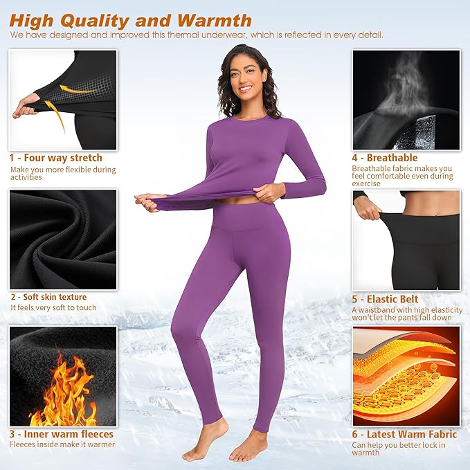 Thermal Underwear Women Long Johns Set Fleece Lined Warm Base Layer Long Sleeve for Weather Top Bottom Pajama