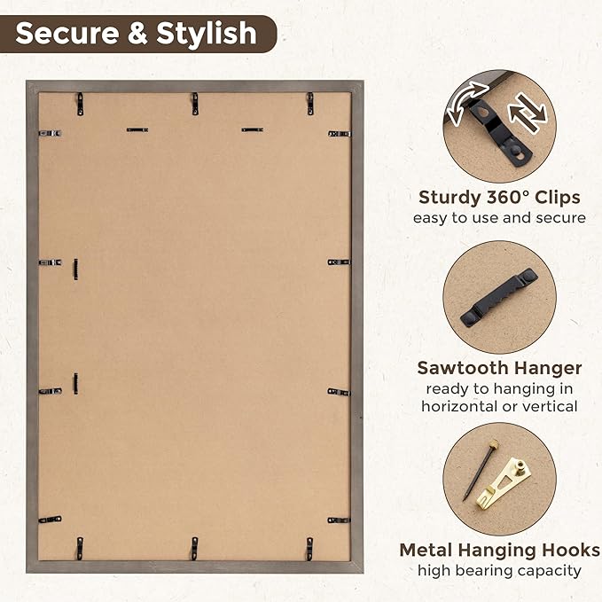 Fun Memories 24x36 Poster Frames, 24x 36 Solid Wood Picture Frame, Picture Frame 20x30 with Mat or 24 x 36 Without Mat, 24" x36" Large Poster Frame with Tempered Glass for Wall Mount, Grey, 1 Pack