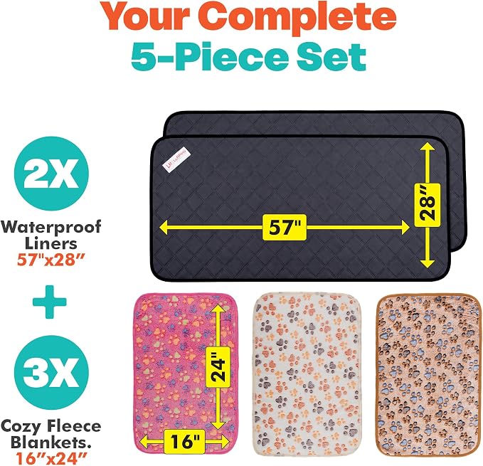 LUFTPETS Guinea Pig Cage Liners 5 Pcs, Washable C&C 2X4 Pads & Fleece Mats | 2 Absorbent Bunny Pee Pads 57x28, 3 Soft Blankets. Top Releases Hay. Waterproof Non-Slip Rabbit Bedding
