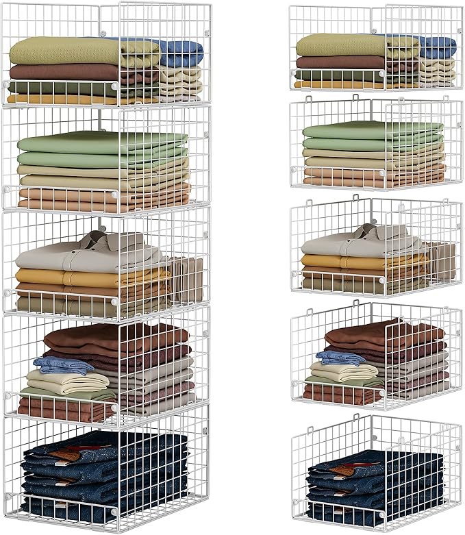 5-Tier Stackable Closet Storage Shelves, Closet Organizers and Storage Basket, Foldable & Stackable Clothes Organizer for Closet Organizer System,Space-Saving Closet Storage Shelf for Home ,White