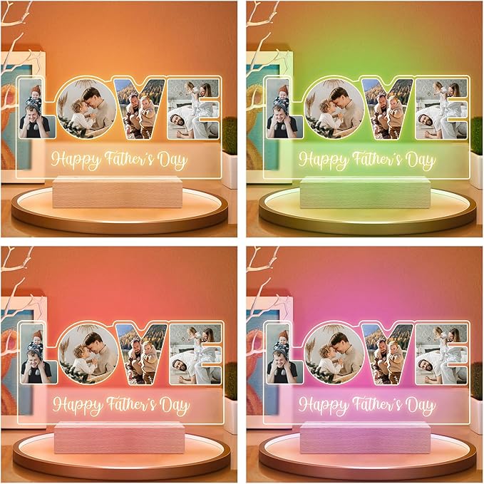 Personalized Father's Day Gifts for Dad/Kid/Baby/Family/Pet, Custom LOVE Picture Frames with Photos, Custom Acrylic Plaque with Night Light, Personalized Dad Birthday Gifts