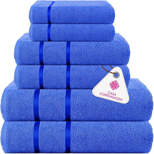 CASA COPENHAGEN Eternal 6 Pieces Towel Set- Electric Blue, 500 GSM 2 Bath Towel 2 Hand Towel 2 Washcloth, Designed in Denmark Made of Soft Egyptian Cotton for Bathroom, Kitchen & Shower