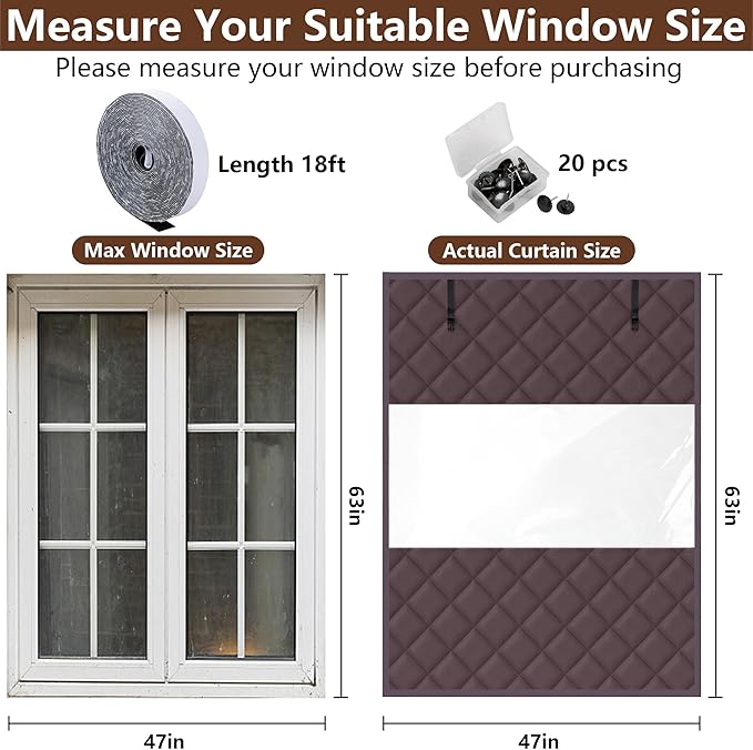 3 Layer 63 x 47 Inch Visible Winter Insulated Window Cover,Oxford Thermal Insulated Window Blanket with Fastener,Brownish Red Window Insulation Kit for Winterizing Keeping Home Warm