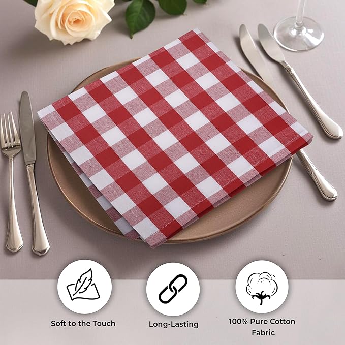 Urban Villa Cloth Napkins 100% Cotton Dinner Napkins Highly Absorbent 20x20 Inches (Set of 12) Red White Buffalo Checks Reusable Washable Soft Durable Premium Napkins Ideal for Home Wedding Parties