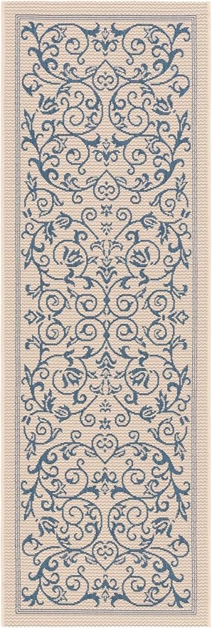 SAFAVIEH Washable Rug Outdoor Courtyard Collection - 2'3" x 8' Runner, Natural & Blue, Non-Shedding & Easy Cleaning, Ideal for Patio, Entryway, Mudroom, Hallway, Kitchen (CY2098-3101)