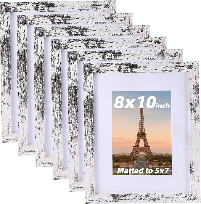 6 Pcs 8x10 Rustic White Wood Picture Frame - Display Pictures 5x7 with Mat or 8 x 10 without - Distressed White Wooden Photo Frames for Wall Mounting or Table 8 10 Matted to 5x7 Farmhouse Set of 6