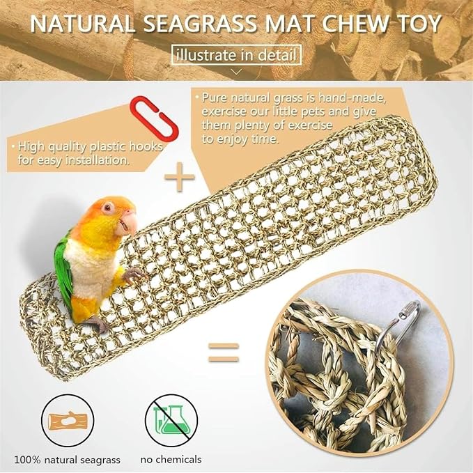 Bird Seagrass Mat 39.4×7" Long Natural Macaw Woven Net Hammock Hanging on Parrot Cage with Hooks Climbing Ladder Swing Chew Toys for Cockatoo Large Parrot Supplies