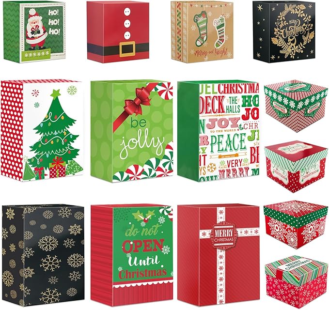 14 Decorative Christmas Gift Boxes with Lids and 80-Count Foil Christmas Gift Tag Stickers (Assorted size, 6 Rectangle, 4 Square, 4 Small Square)