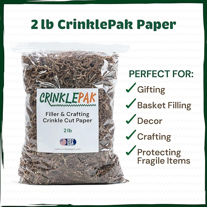 2LB USA Made Kraft Crinkle Paper Filler | Great Shredded Paper For Gift Baskets, Shipping Packages, Gift Box, Basket Filler, Birthdays, Weddings, Anniversaries | Kraft Crinkle Shred